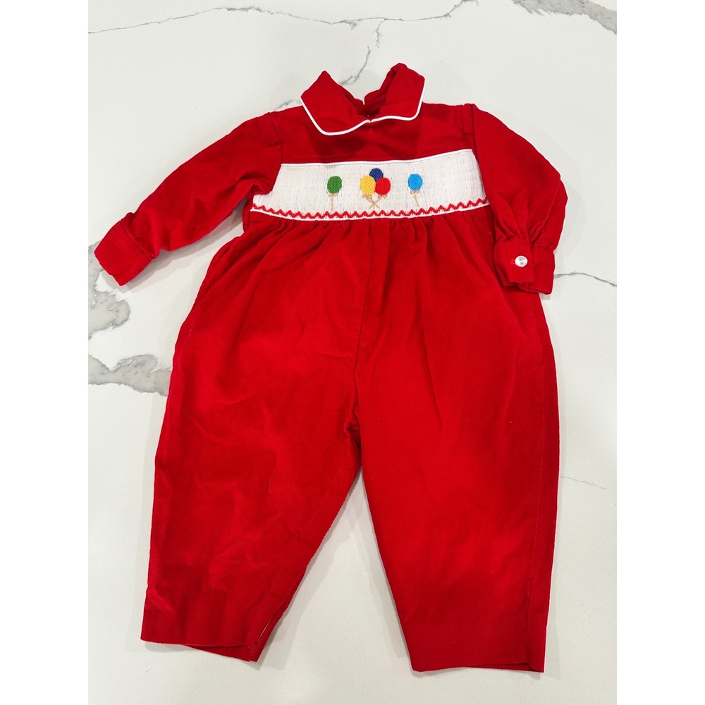 House of‎ Hatten Red Corduroy Smocked Balloon Romper Vintage 6 Months Holiday